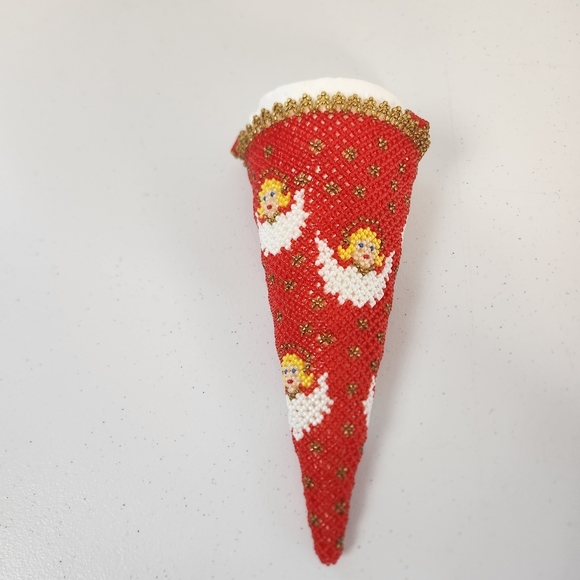 Vintage Red Gold Angels Beaded Christmas Cone Tree Ornament Handmade Stocking - Picture 1 of 10